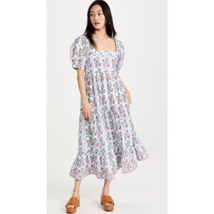 SZ Blockprints Divya Floral Cotton Puff Sleeves Midi Maxi Square Neck Dress XS
